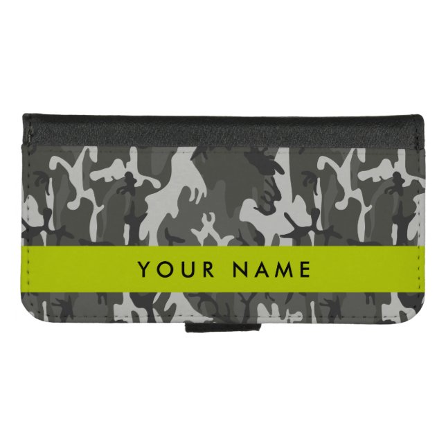 Gray Camouflage Pattern, Your name, Personalize iPhone Wallet Case (Front (Horizontal))