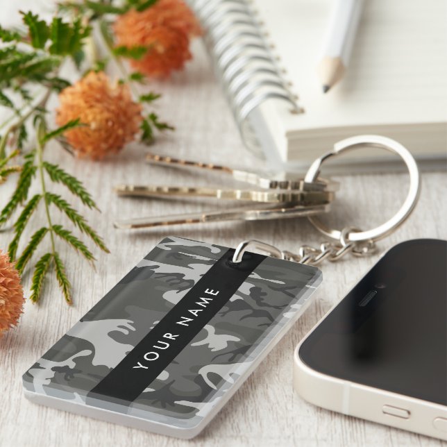 Gray Camouflage Pattern, Your name, Personalize Keychain (Front Right)