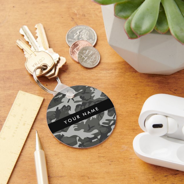 Gray Camouflage Pattern, Your name, Personalize Keychain (Desk)