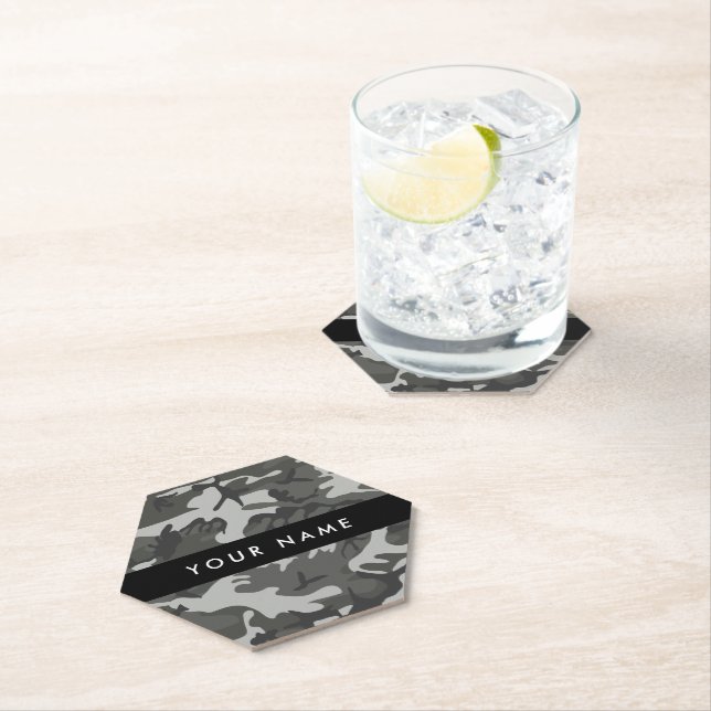 Gray Camouflage Pattern, Your name, Personalize Paper Coaster (Insitu)