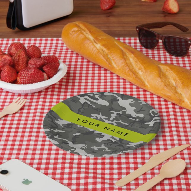 Gray Camouflage Pattern, Your name, Personalize Paper Plates (Picnic)