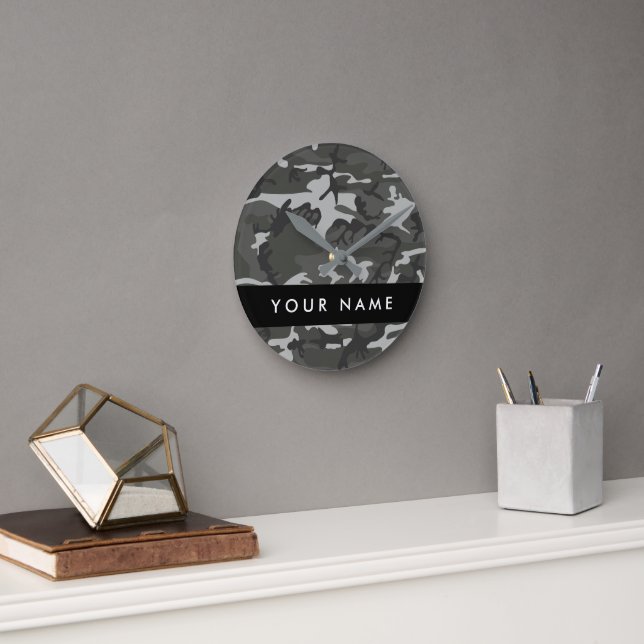 Gray Camouflage Pattern, Your name, Personalize Round Clock (Office)
