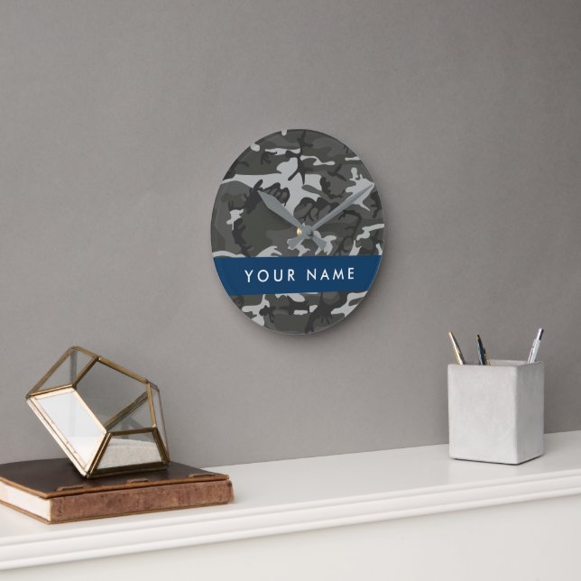 Gray Camouflage Pattern, Your name, Personalize Round Clock (Office)