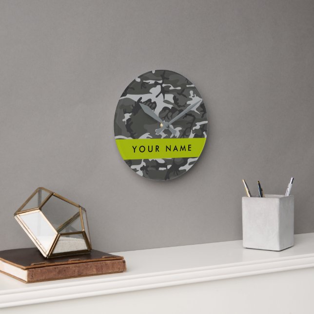 Gray Camouflage Pattern, Your name, Personalize Round Clock (Office)