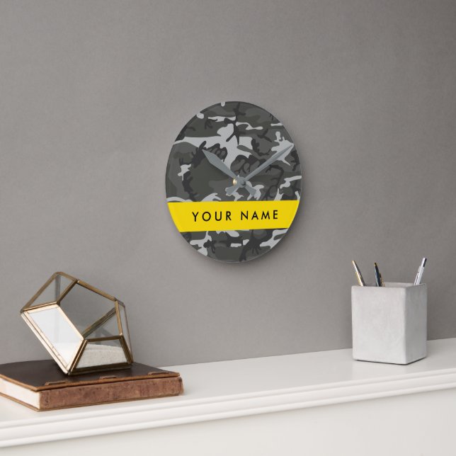 Gray Camouflage Pattern, Your name, Personalize Round Clock (Office)