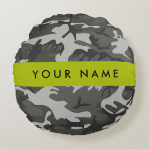 Gray Camouflage Pattern, Your name, Personalize Round Pillow