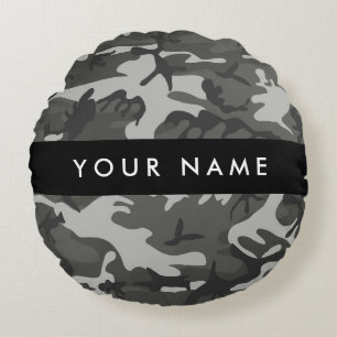 Gray Camouflage Pattern, Your name, Personalize Round Pillow