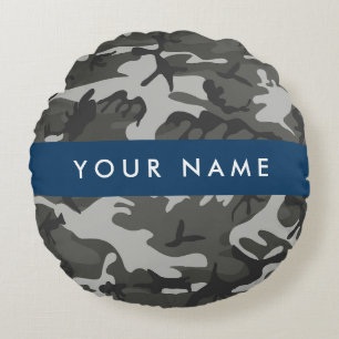 Gray Camouflage Pattern, Your name, Personalize Round Pillow