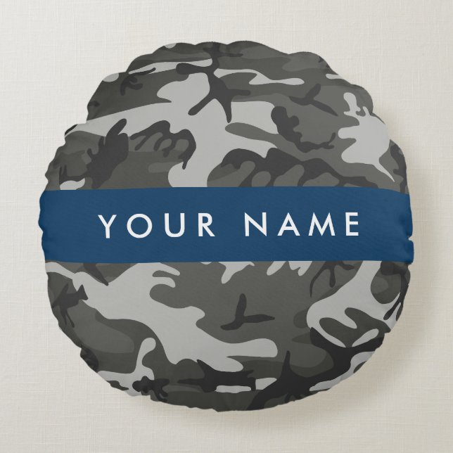 Gray Camouflage Pattern, Your name, Personalize Round Pillow (Front)