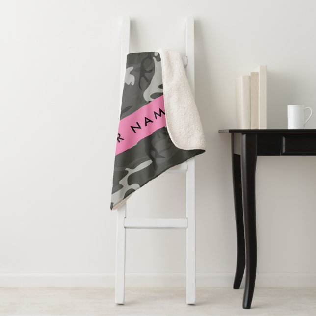 Gray Camouflage Pattern, Your name, Personalize Sherpa Blanket (In Situ)