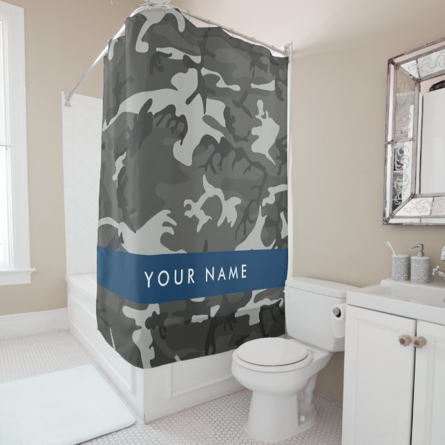 Gray Camouflage Pattern, Your name, Personalize Shower Curtain (In Situ)