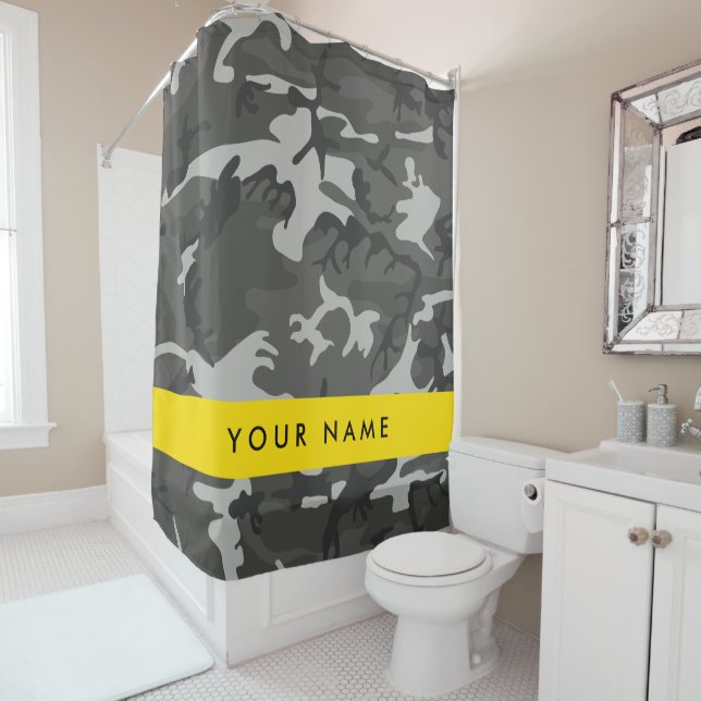 Gray Camouflage Pattern, Your name, Personalize Shower Curtain (In Situ)