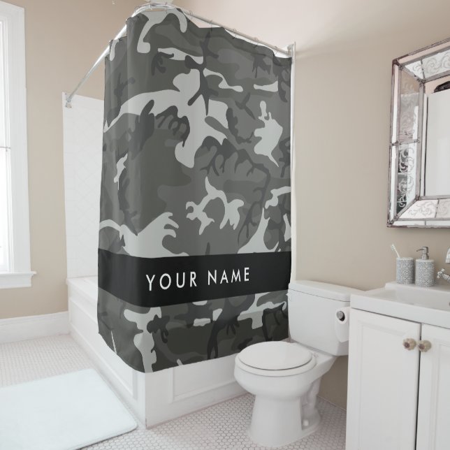 Gray Camouflage Pattern, Your name, Personalize Shower Curtain (In Situ)