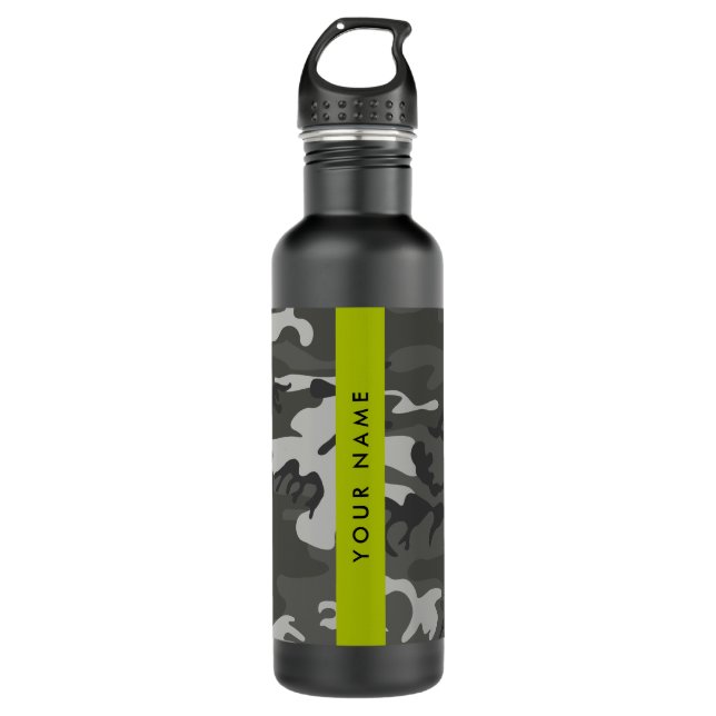 Gray Camouflage Pattern, Your name, Personalize Stainless Steel Water Bottle (Front)