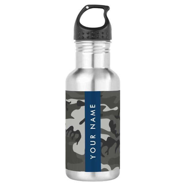 Gray Camouflage Pattern, Your name, Personalize Stainless Steel Water Bottle (Front)