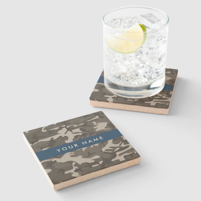 Gray Camouflage Pattern, Your name, Personalize Stone Coaster (Side)