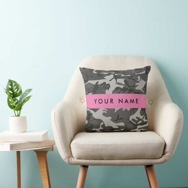 Gray Camouflage Pattern, Your name, Personalize Throw Pillow (Chair)