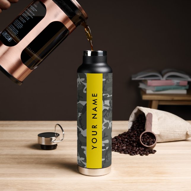 Gray Camouflage Pattern, Your name, Personalize Water Bottle (Coffee)