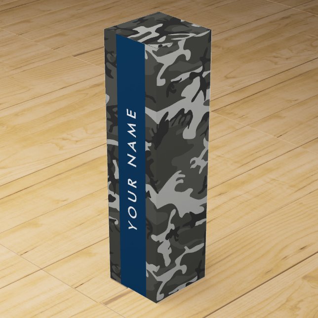 Gray Camouflage Pattern, Your name, Personalize Wine Box (Front)