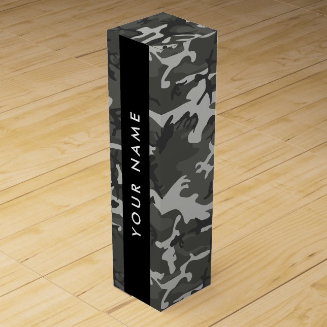 Gray Camouflage Pattern, Your name, Personalize Wine Box (Front)