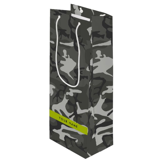 Gray Camouflage Pattern, Your name, Personalize Wine Gift Bag (Front Angled)