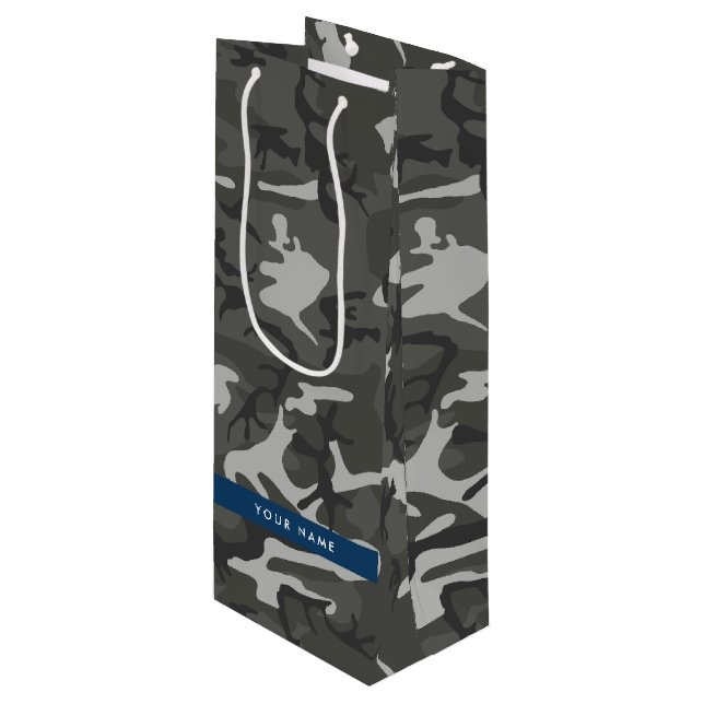 Gray Camouflage Pattern, Your name, Personalize Wine Gift Bag (Front Angled)