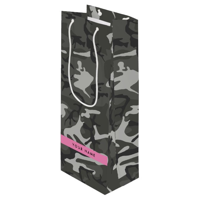 Gray Camouflage Pattern, Your name, Personalize Wine Gift Bag (Front Angled)