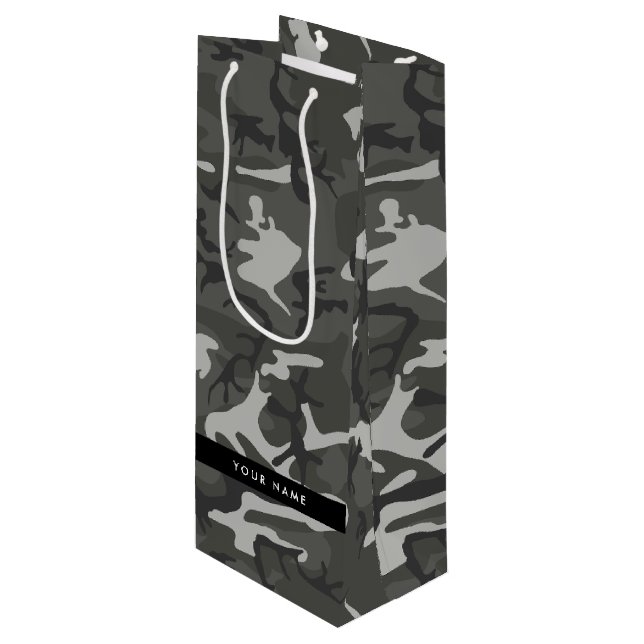 Gray Camouflage Pattern, Your name, Personalize Wine Gift Bag (Front Angled)