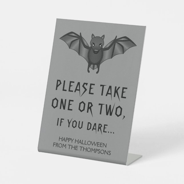 Gray Cartoon Bat Halloween Please Take A Candy Pedestal Sign (Front)
