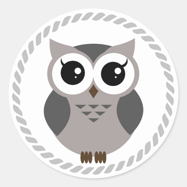 Gray cartoon owl inside gray ring classic round sticker (Front)
