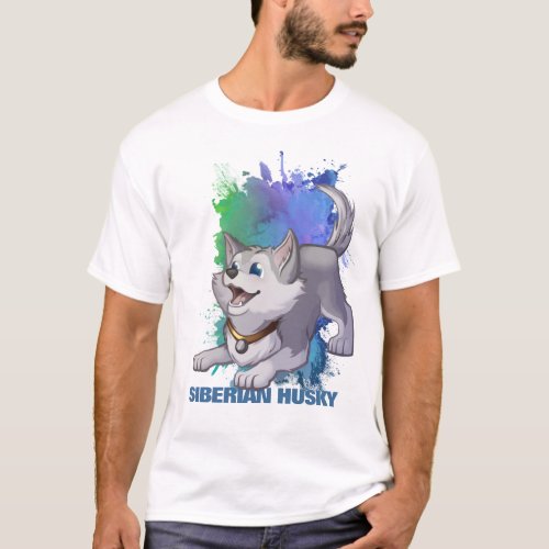 Gray Cartoon Siberian Husky Puppy Dog Art T_Shirt