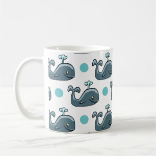 Gray Cartoon Whale, Blue Polka Dots Coffee Mug