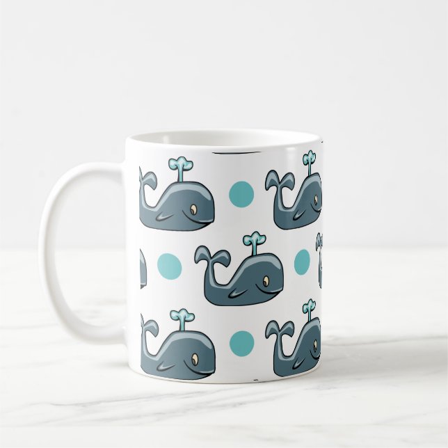 Gray Cartoon Whale, Blue Polka Dots Coffee Mug (Left)