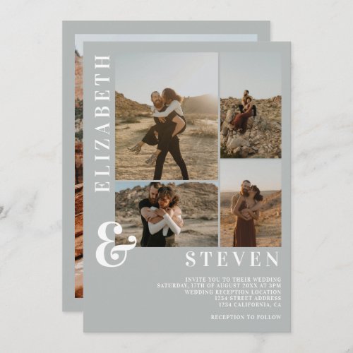 Gray casual bold ampersand 5 photo grid wedding invitation