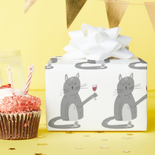 Gray Cat and Mouse with Wine Wrapping Paper (Birthday Party)