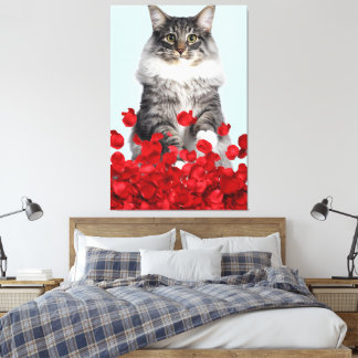 gray cat and red roses canvas print