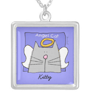 Gray Cat Angel Personalize Silver Plated Necklace