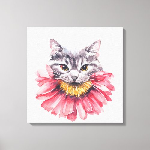 Gray Cat Biting Flower Watercolor  Canvas Print