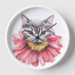 Gray Cat Biting Flower Watercolor  Clock