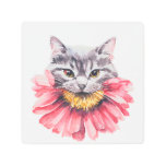Gray Cat Biting Flower Watercolor  Metal Print