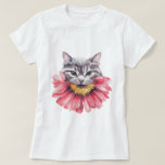 Gray Cat Biting Flower Watercolor  T-Shirt