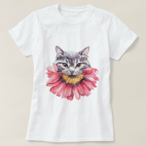 Gray Cat Biting Flower Watercolor  T_Shirt