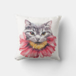Gray Cat Biting Flower Watercolor  Throw Pillow