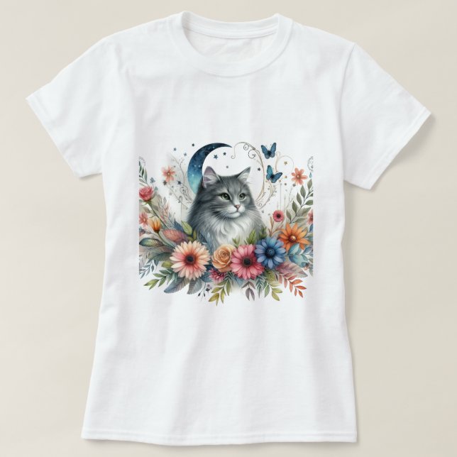 Gray Cat Blue Butterfly Floral  T-Shirt (Design Front)