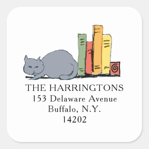 Gray Cat Bookshelf Cute Hand_Drawn Return Address  Square Sticker