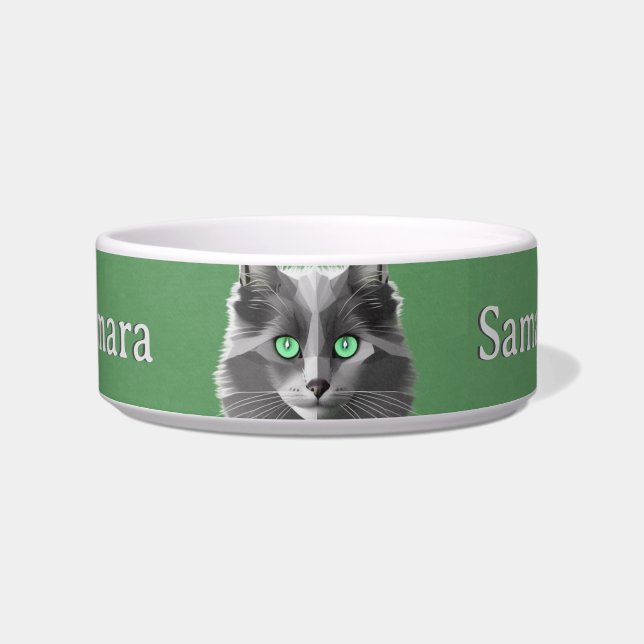 Gray Cat Breed with Pale Green Eyes - Pet's Name Bowl (Front)