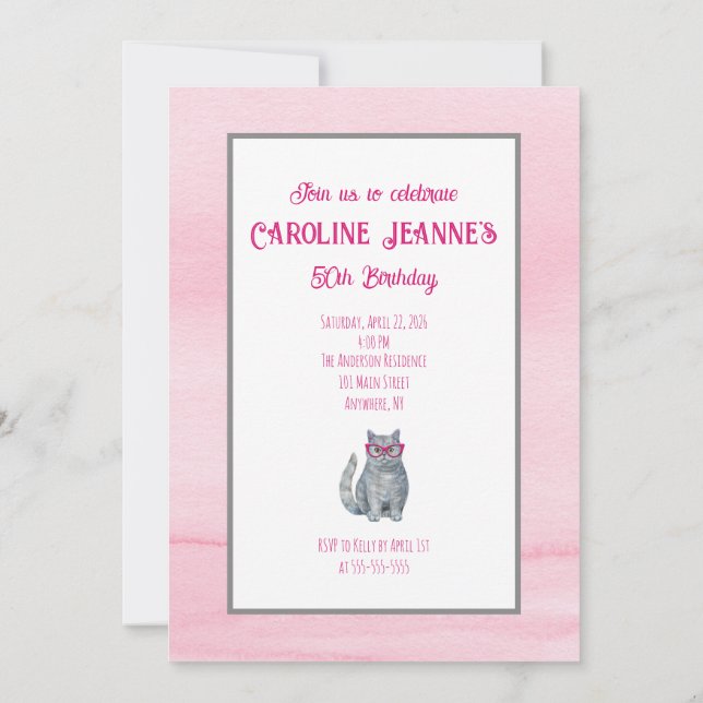 Gray Cat, Bright Pink, 50 & Fabulous, Fun Birthday Invitation (Back)