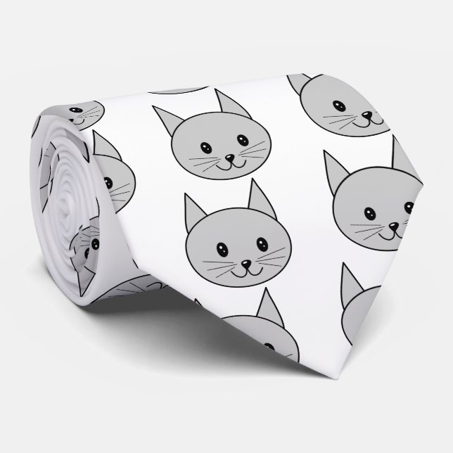 Gray Cat Cartoon. Cat Pattern Tie (Rolled)