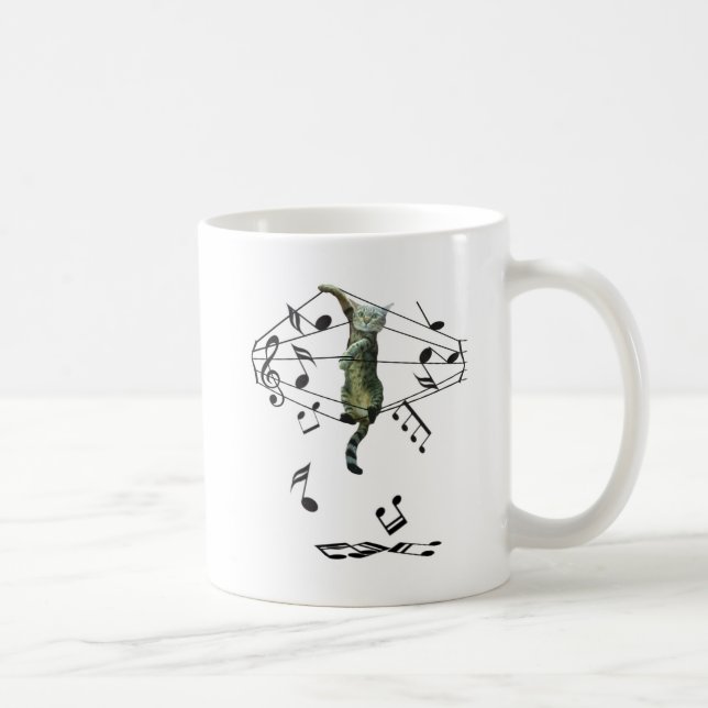gray cat caught in treble trouble music notes coffee mug (Right)