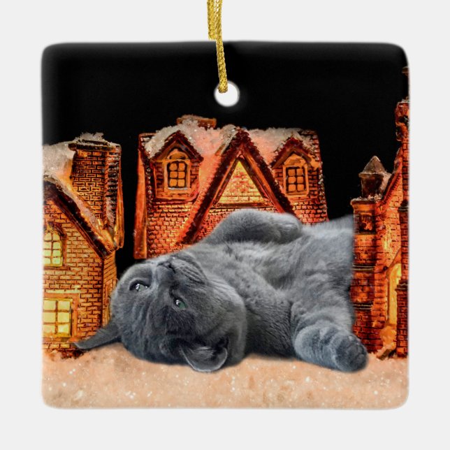 Gray Cat Christmas Ceramic Ornament (Front)